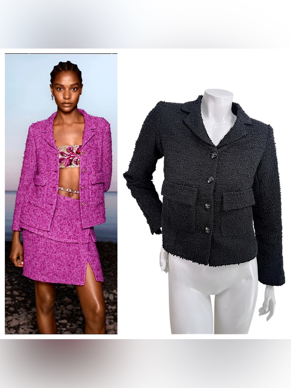 Chanel Cruise 2021 Black Bouclé Tweed CC Button Jacket FR 34 NWT